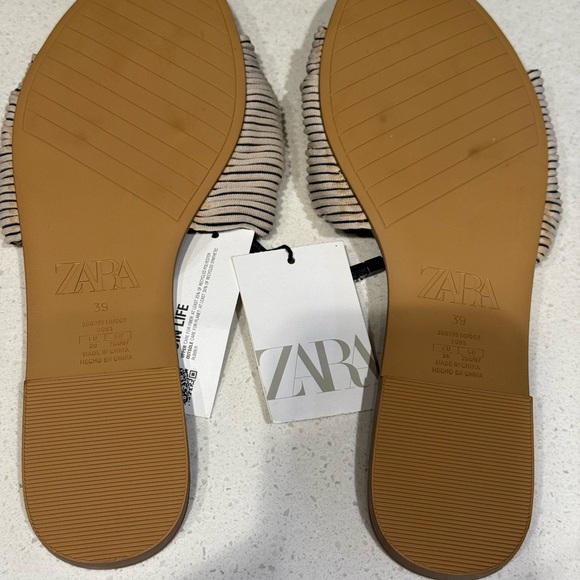 Zara NWT tan/Off-white and Black Striped Bow women’s flat Sandals - size EU 39 - Picture 6 of 7